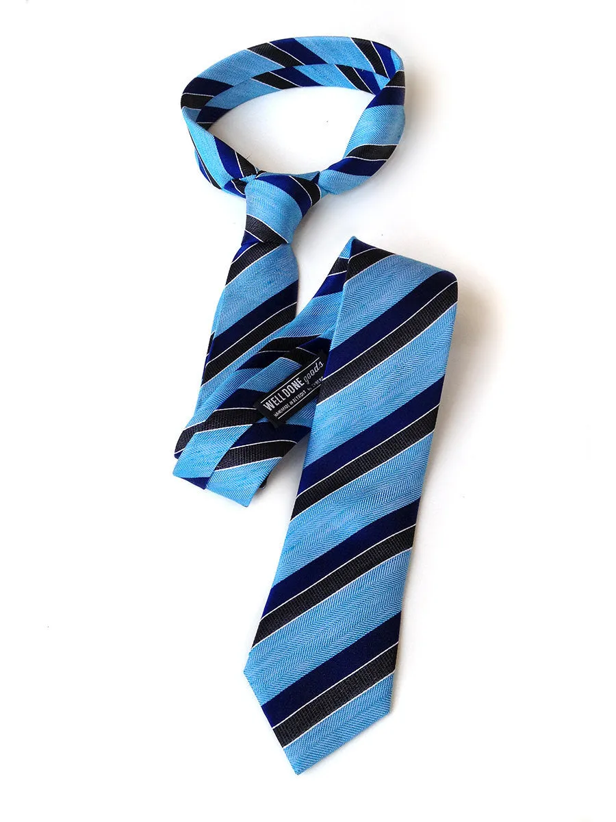 Blue Striped Linen Necktie. "Atwater" woven silk blend tie.