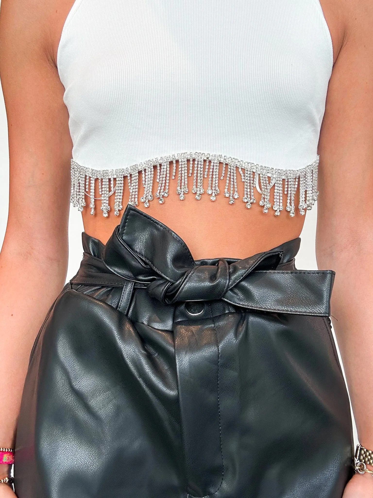 Rhinestone Sleeveless Crop Top- White